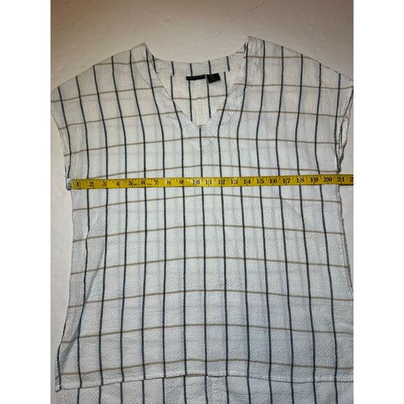 Tahari Womens Size S White Gray Tan Striped V Neck Linen Cotton Sleeveless Shirt - Picture 4 of 6